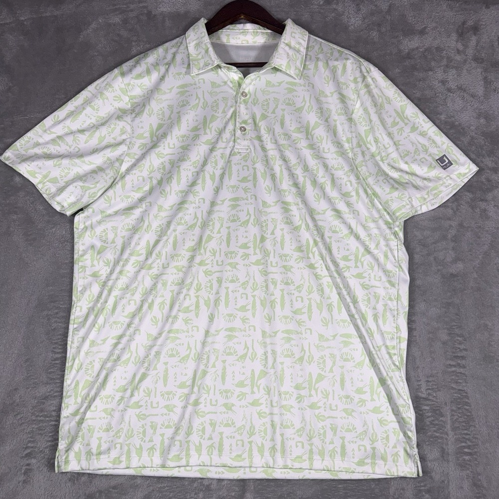 Huk Polo Pursuit Batiki Mens XL White Green Tropical Beach Performance UPF 50 - Picture 2 of 9